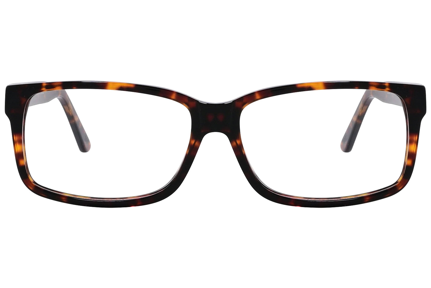 optica wayfarer tortoise eyeglasses frame viewed from front angle.