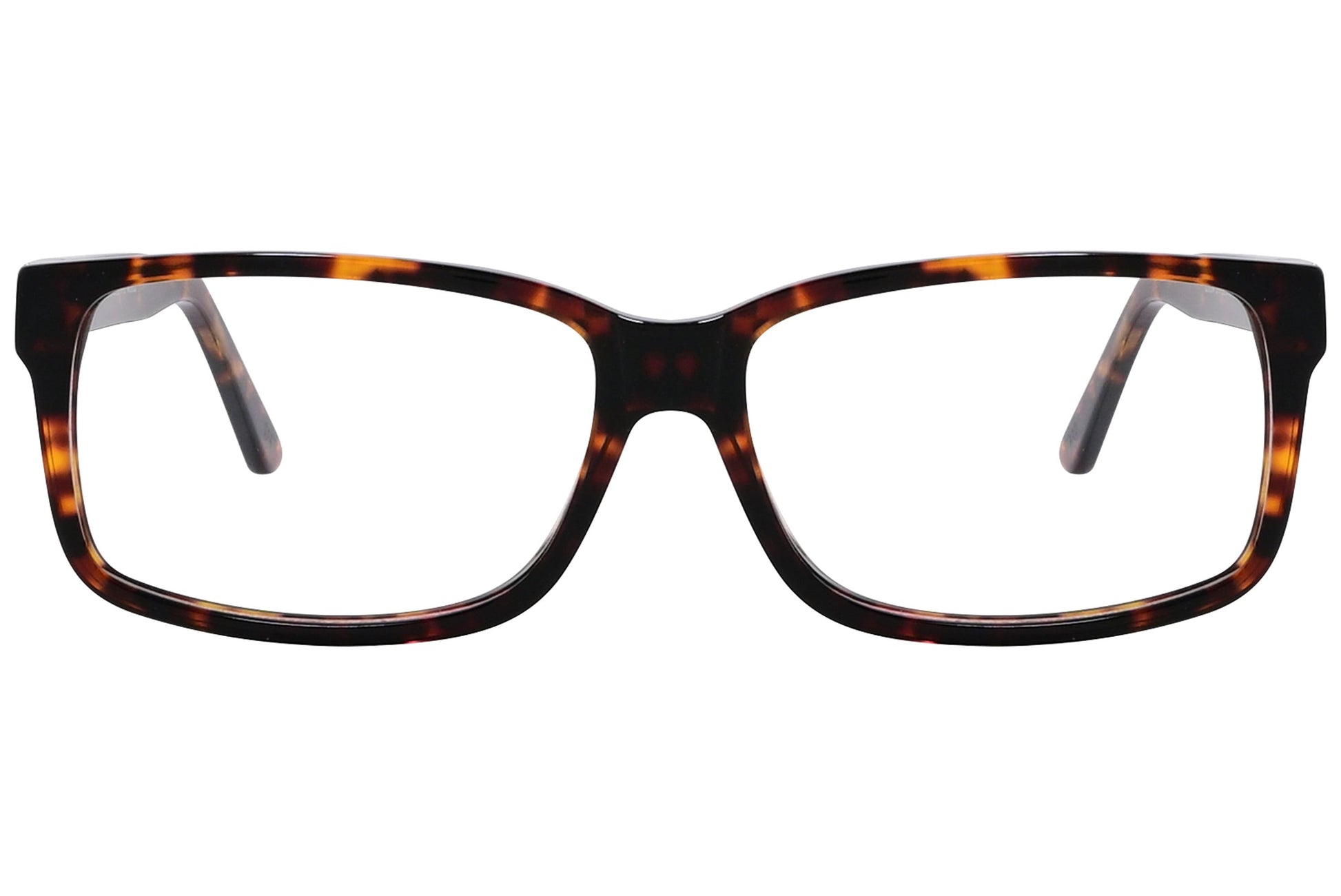 optica wayfarer tortoise eyeglasses frame viewed from front angle.