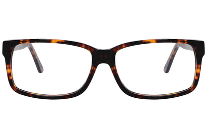 optica wayfarer tortoise eyeglasses frame viewed from front angle.