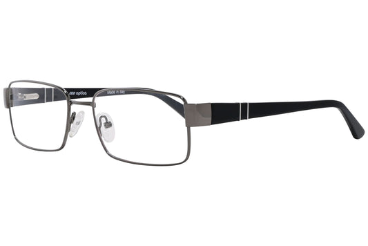 optica rectangle gray eyeglasses frame viewed from a 45-degree angle.