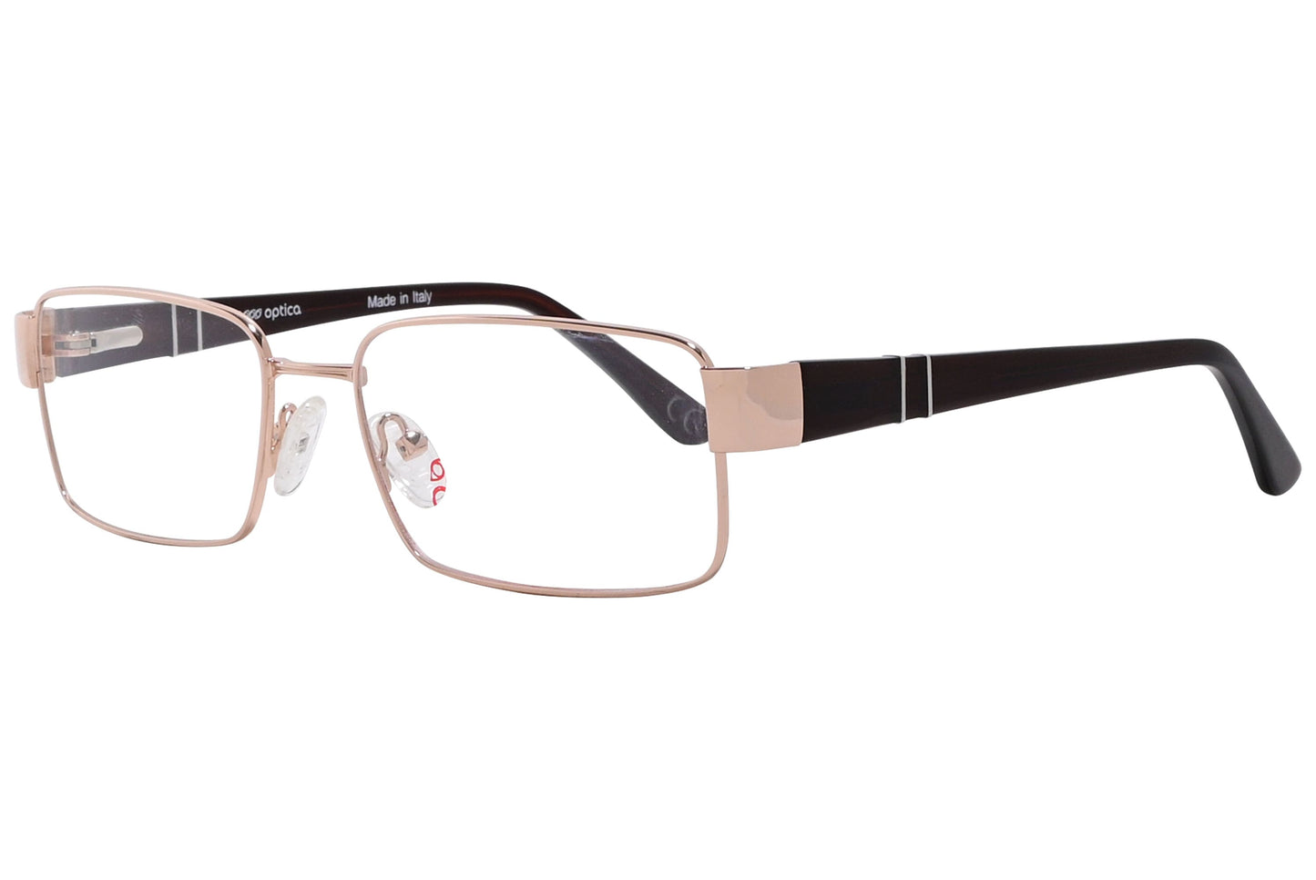 optica rectangle gold eyeglasses frame viewed from a 45-degree angle.