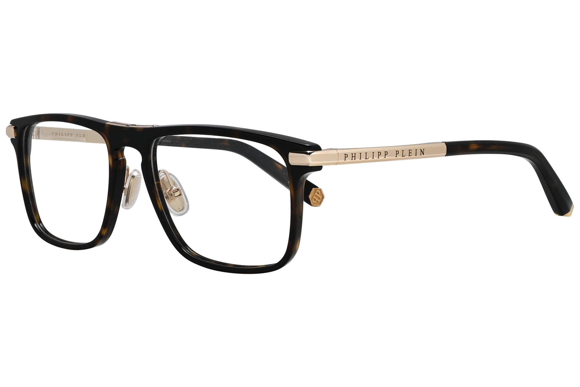 philipp-plein square tortoise eyeglasses frame viewed from a 45-degree angle.