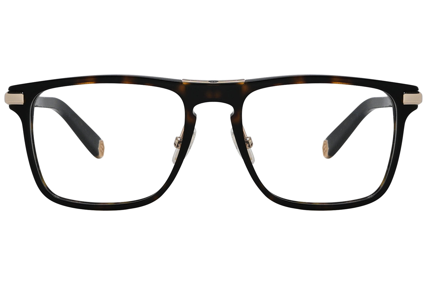 philipp-plein square tortoise eyeglasses frame viewed from a 90-degree angle.