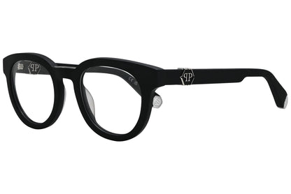 philipp-plein oval black eyeglasses frame viewed from a 45-degree angle.