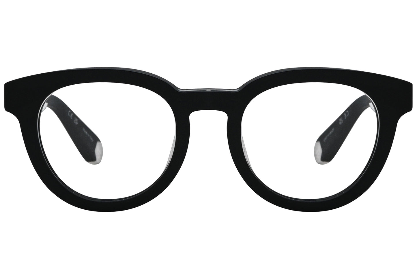 philipp-plein oval black eyeglasses frame viewed from a 90-degree angle.