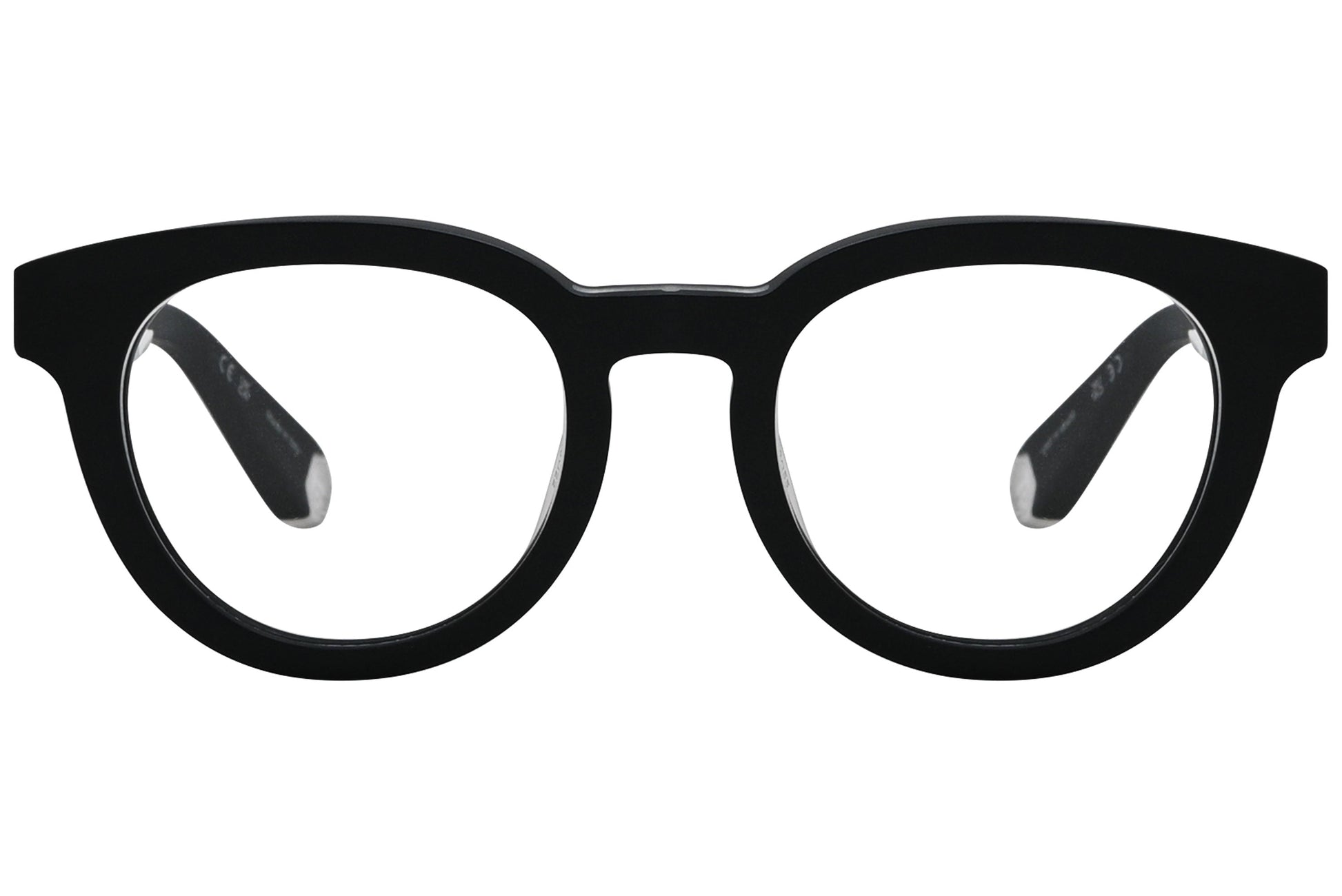 philipp-plein oval black eyeglasses frame viewed from a 90-degree angle.