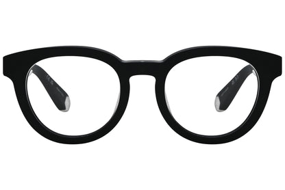 philipp-plein oval black eyeglasses frame viewed from a 90-degree angle.