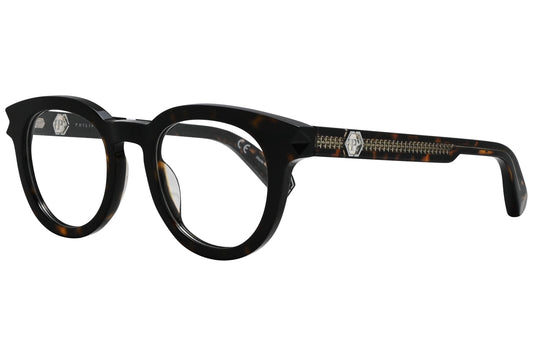 philipp-plein cateye tortoise eyeglasses frame viewed from a 45-degree angle.