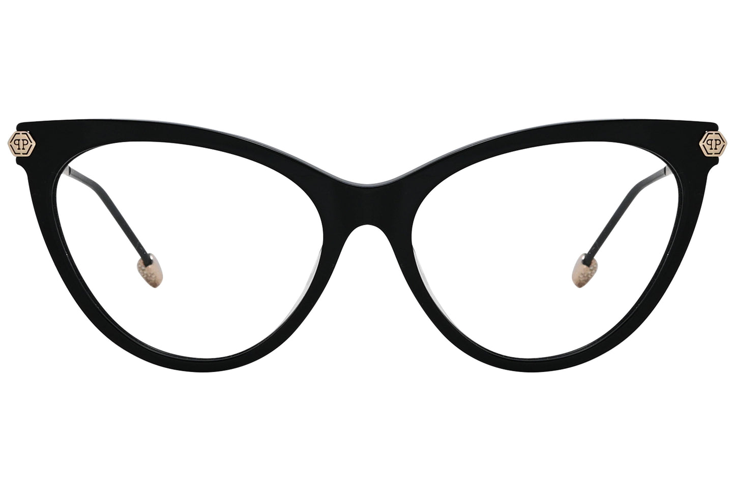 philipp-plein cateye black eyeglasses frame viewed from a 45-degree angle.