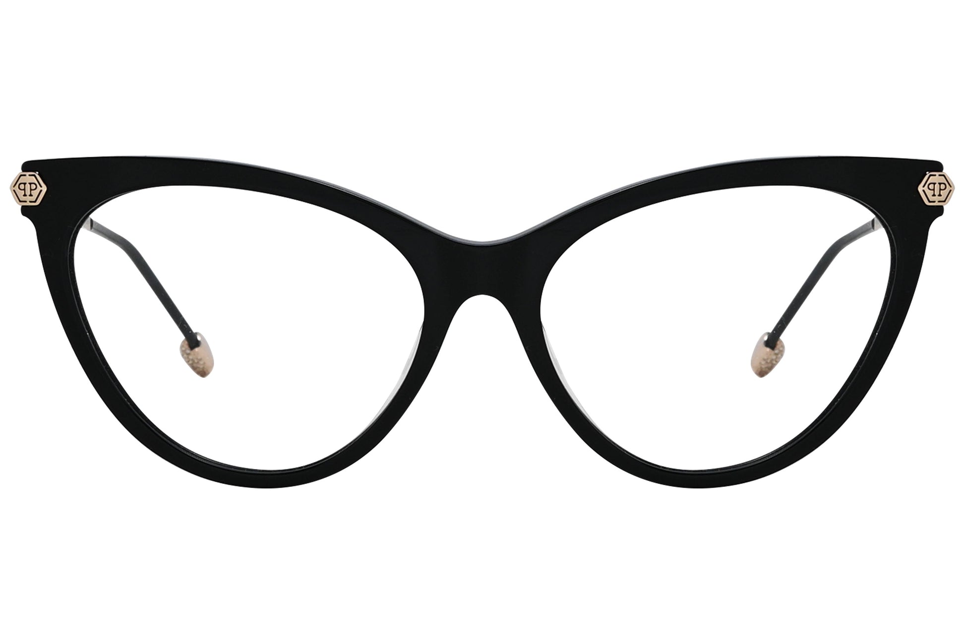 philipp-plein cateye black eyeglasses frame viewed from a 45-degree angle.