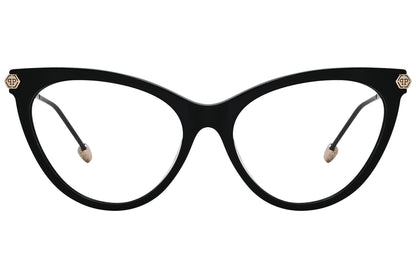 philipp-plein cateye black eyeglasses frame viewed from a 45-degree angle.