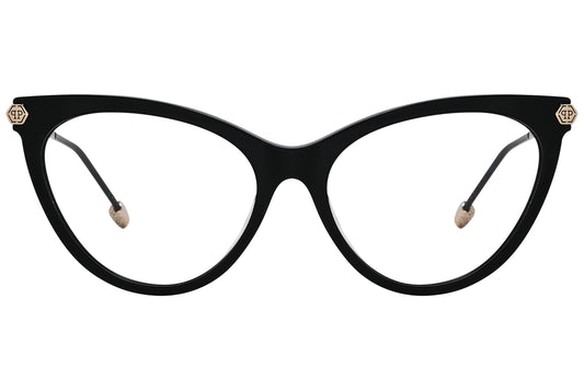 philipp-plein cateye black eyeglasses frame viewed from a 45-degree angle.