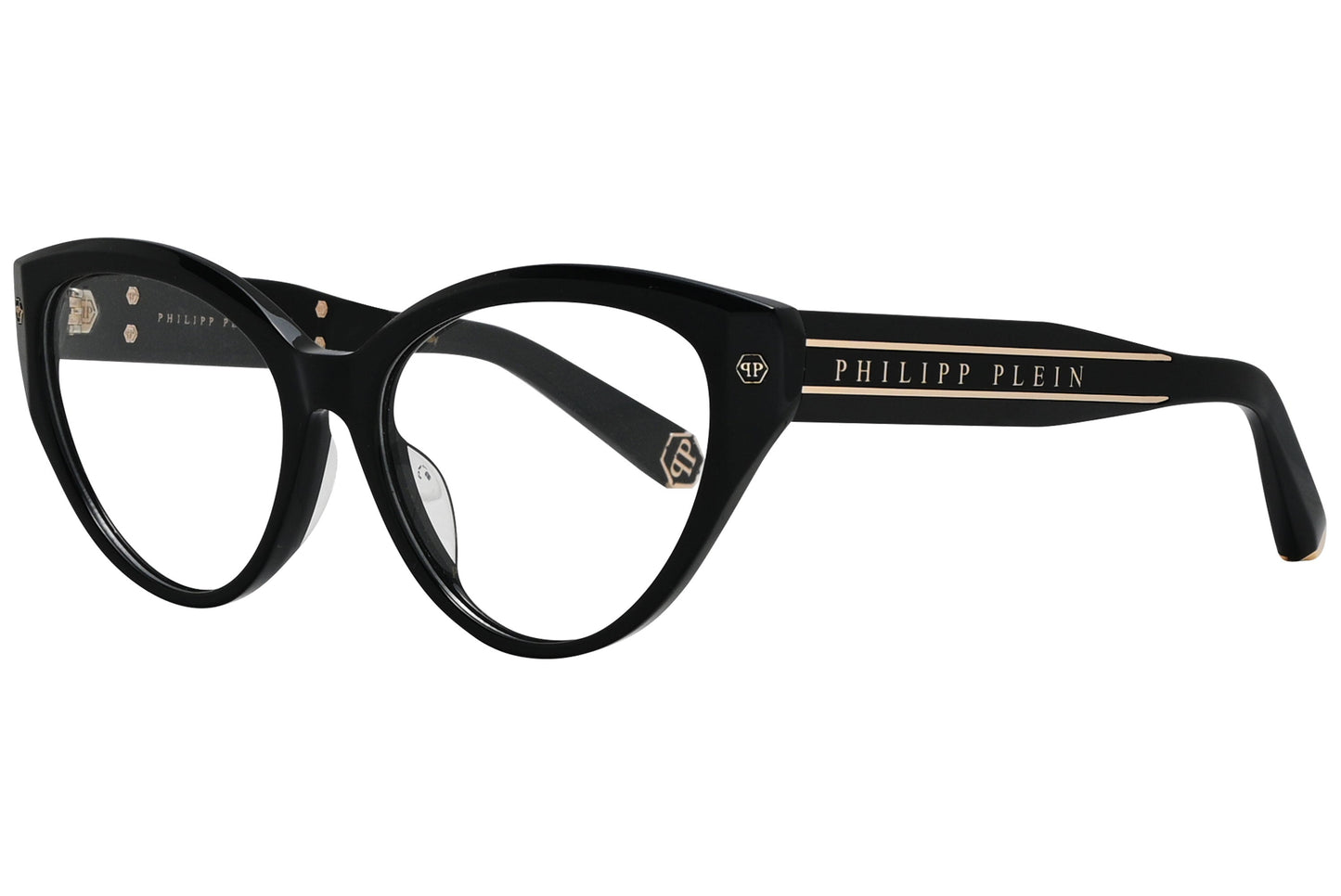 philipp-plein square tortoise eyeglasses frame viewed from a 45-degree angle.