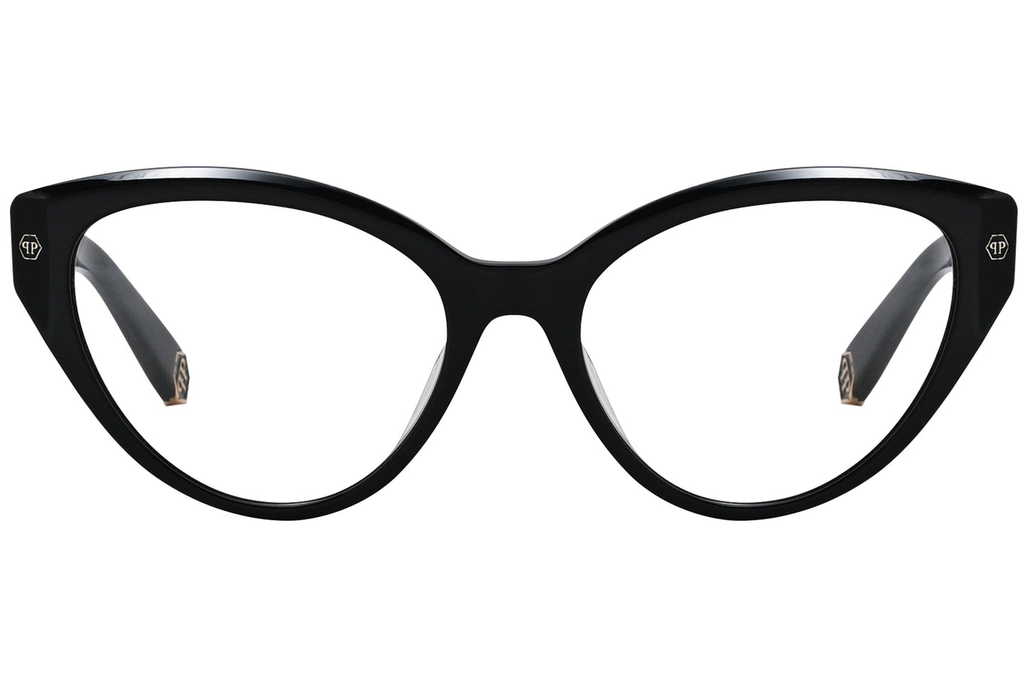 philipp-plein square tortoise eyeglasses frame viewed from a 90-degree angle.