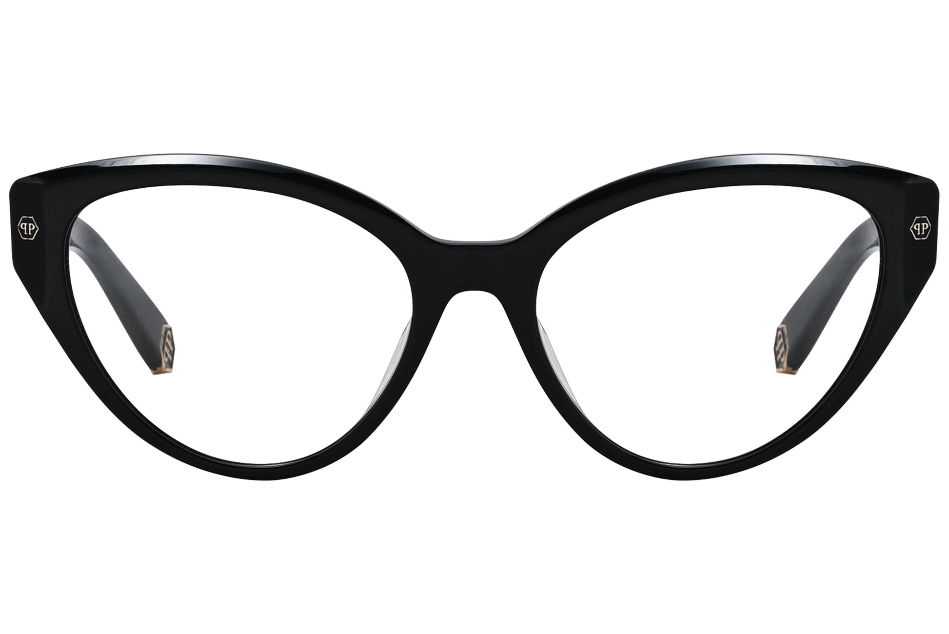 philipp-plein square tortoise eyeglasses frame viewed from a 90-degree angle.