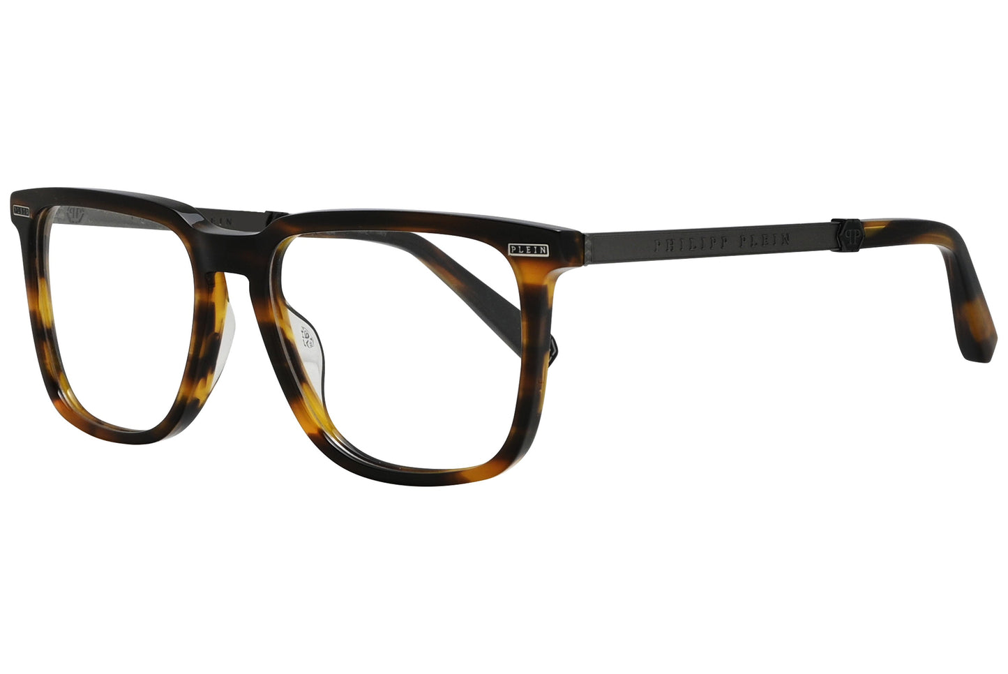 philipp-plein cateye silver with gold eyeglasses frame viewed from a 45-degree angle.