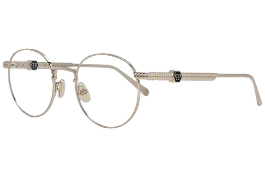 philipp-plein geometric black eyeglasses frame viewed from a 45-degree angle.