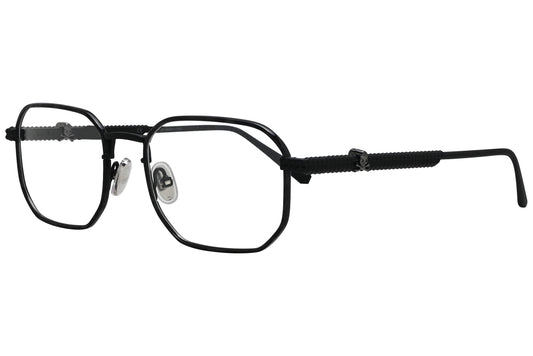 philipp-plein geometric silver eyeglasses frame viewed from a 45-degree angle.