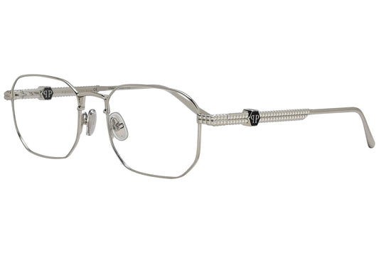 philipp-plein geometric black eyeglasses frame viewed from a 45-degree angle.