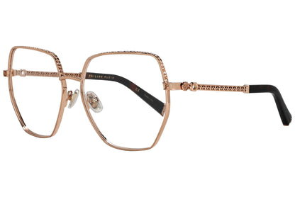 philipp-plein geometric gold with black eyeglasses frame viewed from a 45-degree angle.