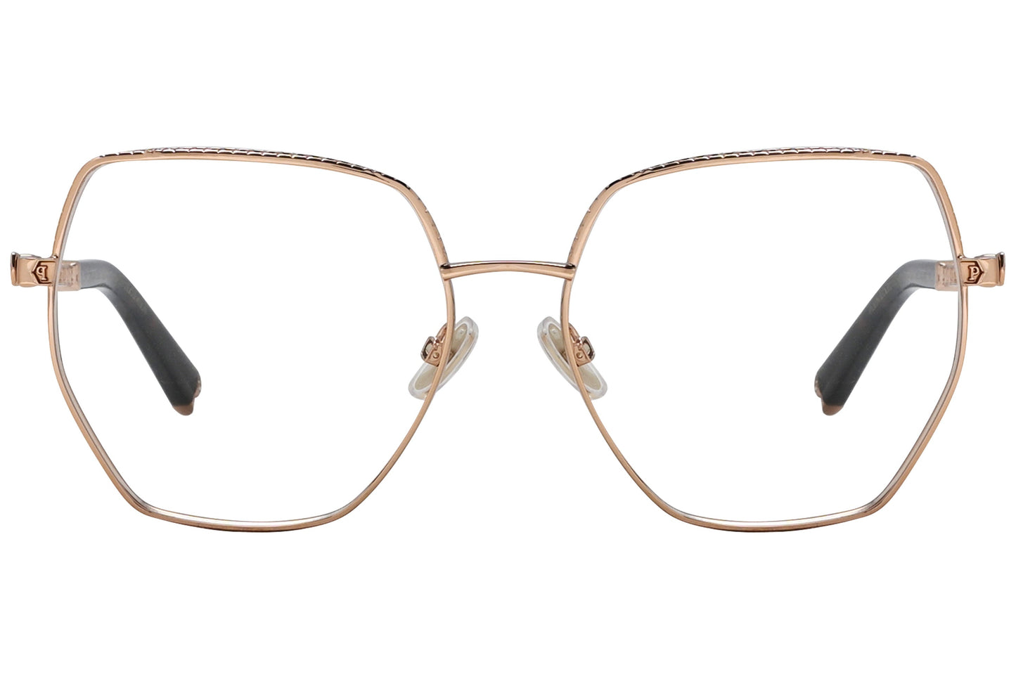 philipp-plein geometric gold with black eyeglasses frame viewed from a 90-degree angle.