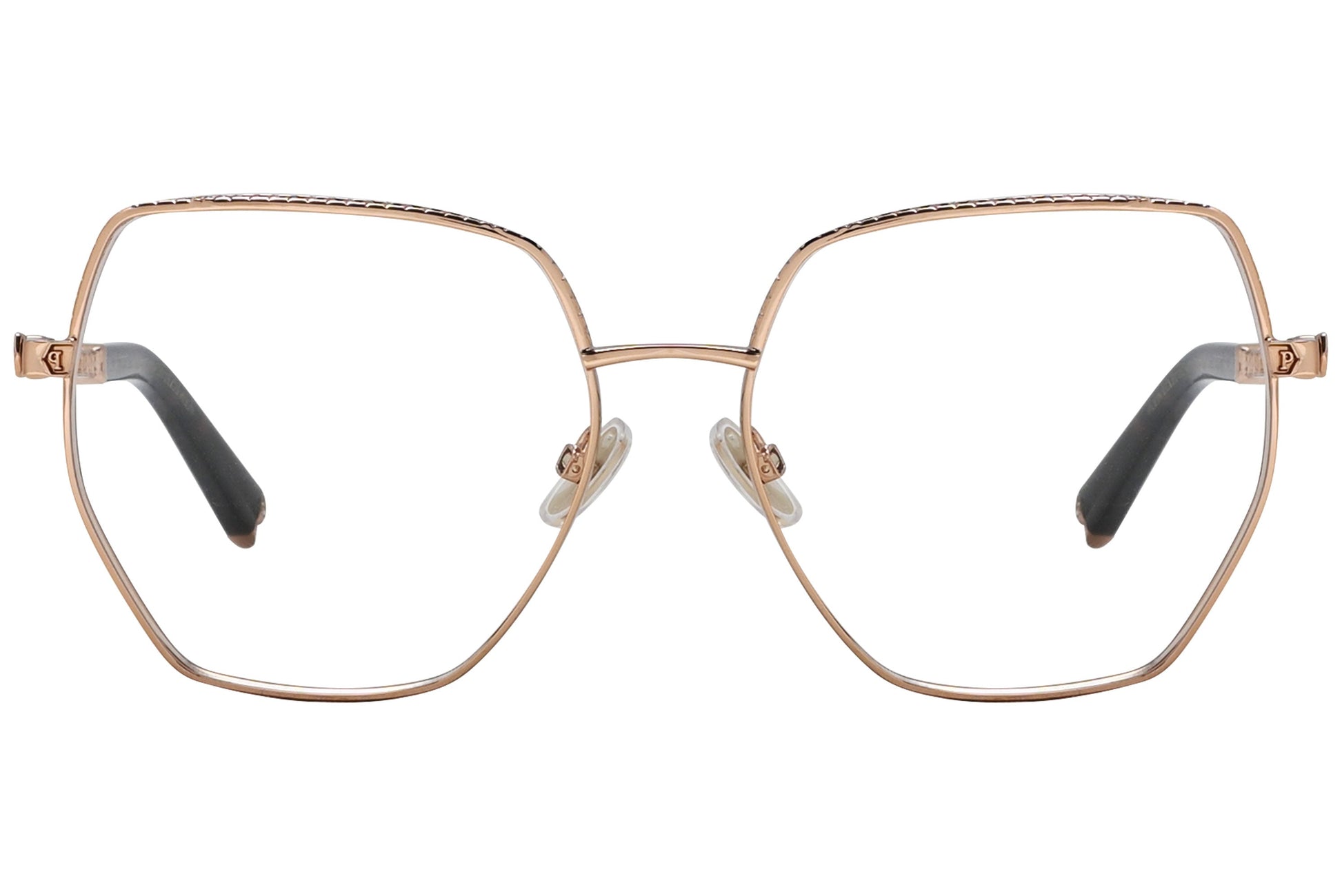 philipp-plein geometric gold with black eyeglasses frame viewed from a 90-degree angle.