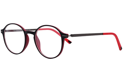 pirata round red with black eyeglasses frame viewed from a 45-degree angle.