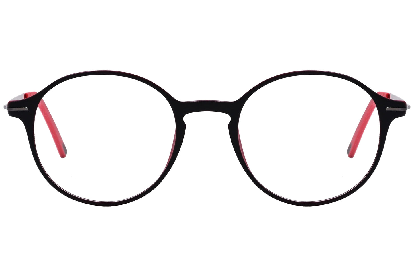 pirata round red with black eyeglasses frame viewed from front angle.