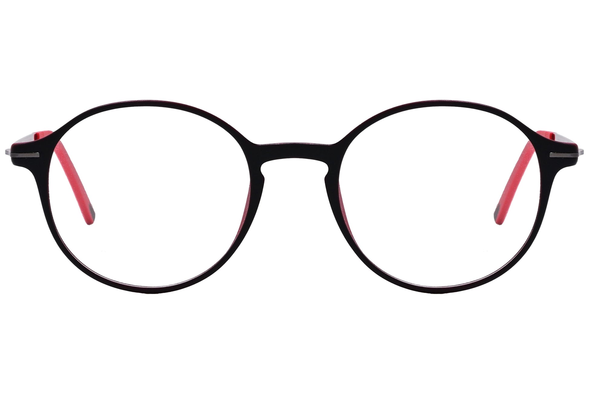 pirata round red with black eyeglasses frame viewed from front angle.