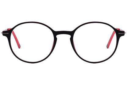 pirata round red with black eyeglasses frame viewed from front angle.