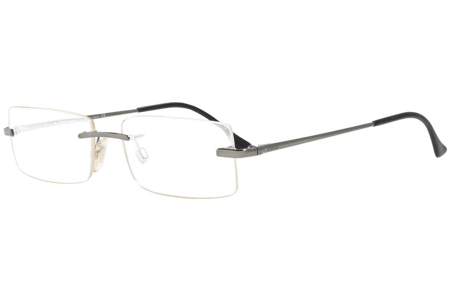 ralph lauren rimless gray eyeglasses frame viewed from a 45-degree angle.