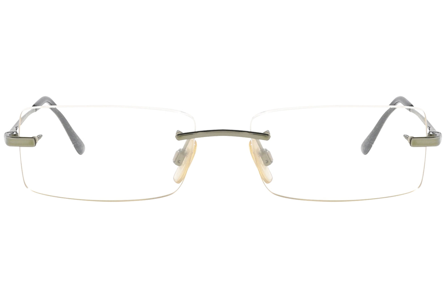 ralph lauren rimless gray eyeglasses frame viewed from front angle.