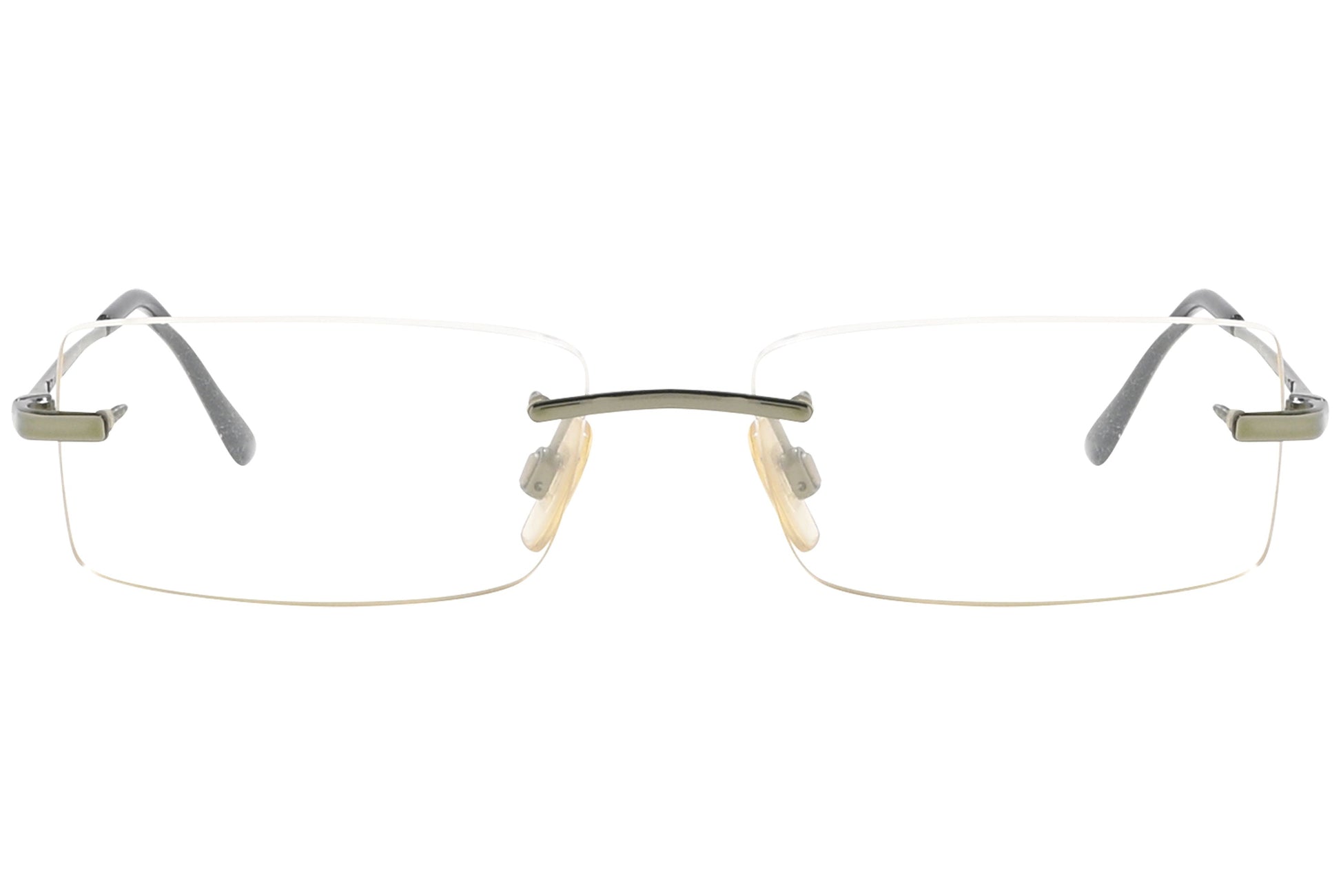 ralph lauren rimless gray eyeglasses frame viewed from front angle.