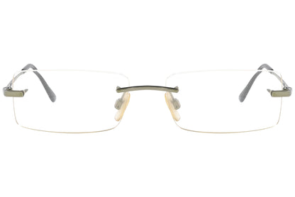 ralph lauren rimless gray eyeglasses frame viewed from front angle.