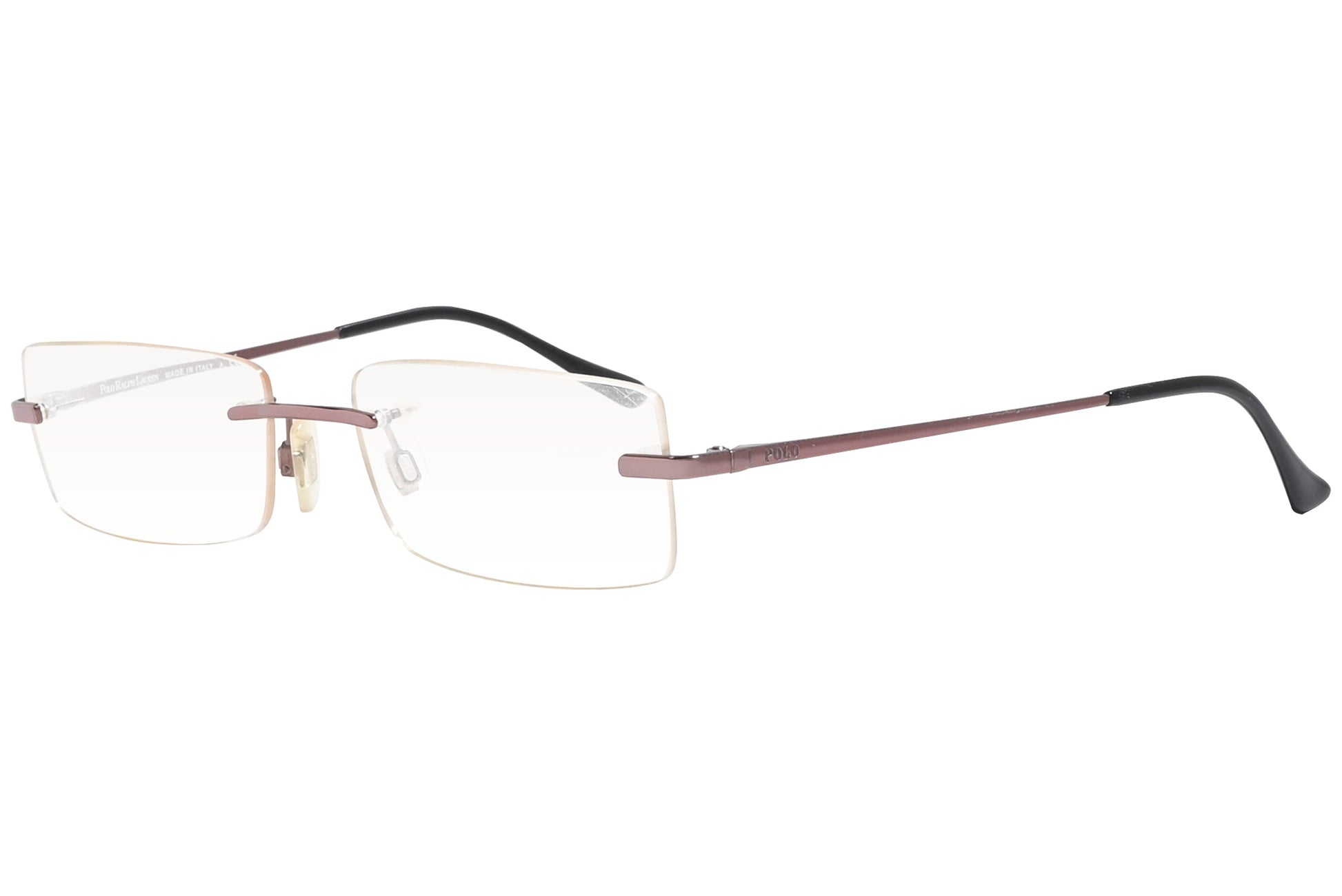 ralph lauren rimless rose gold eyeglasses frame viewed from a 45-degree angle.