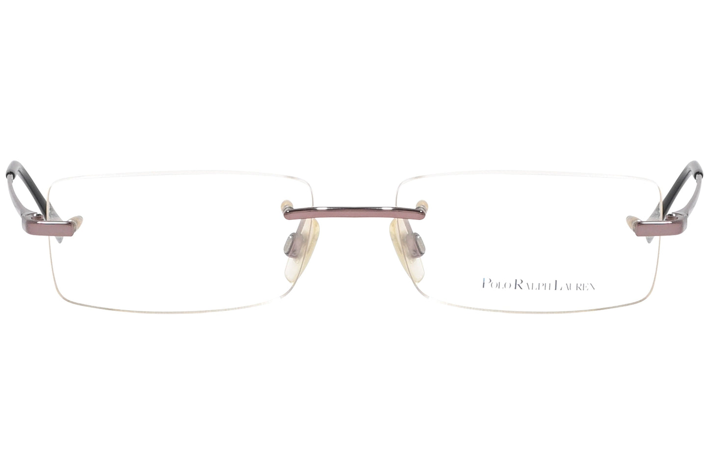 ralph lauren rimless rose gold eyeglasses frame viewed from front angle.