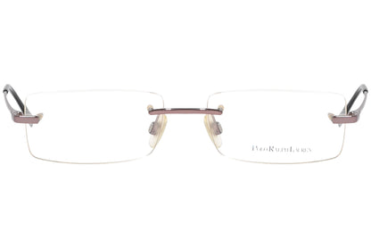 ralph lauren rimless rose gold eyeglasses frame viewed from front angle.