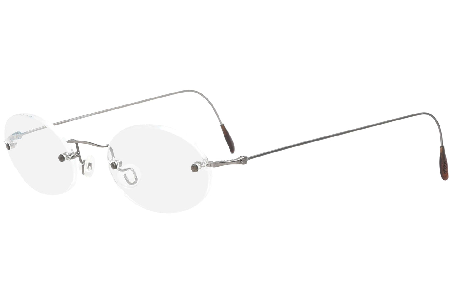 polo ralph lauren rimless silver eyeglasses frame viewed from a 45-degree angle.