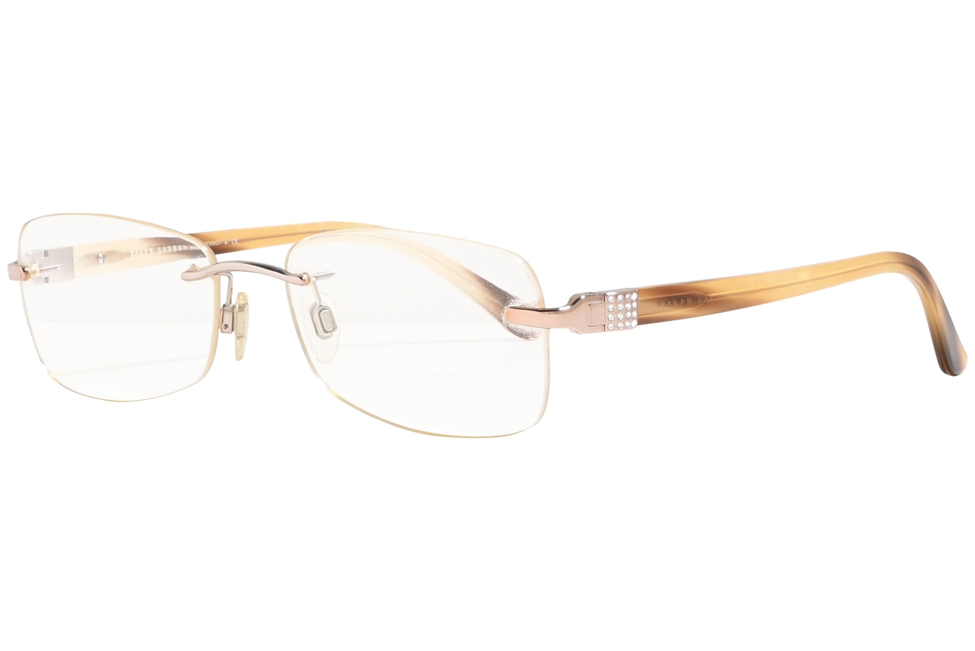 ralph lauren rimless gold eyeglasses frame viewed from a 45-degree angle.