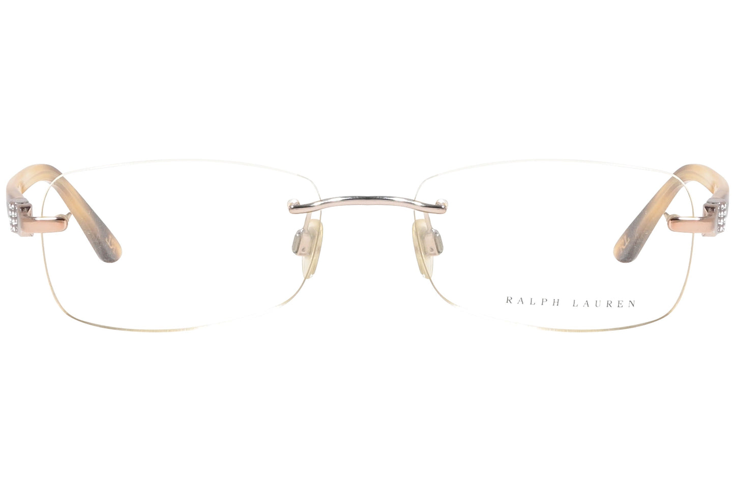 ralph lauren rimless gold eyeglasses frame viewed from front angle.