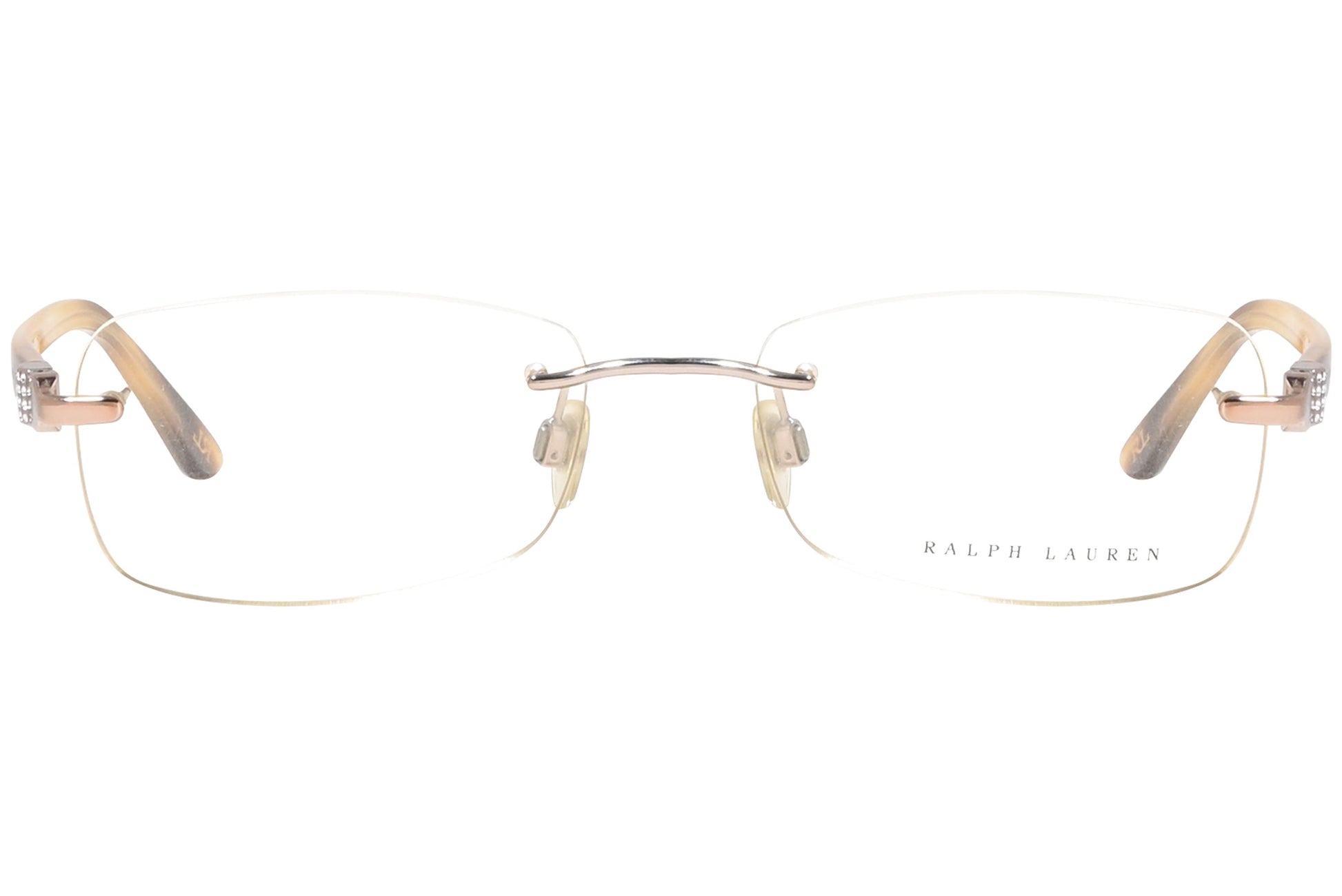 ralph lauren rimless gold eyeglasses frame viewed from front angle.