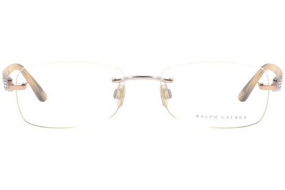 ralph lauren rimless gold eyeglasses frame viewed from front angle.