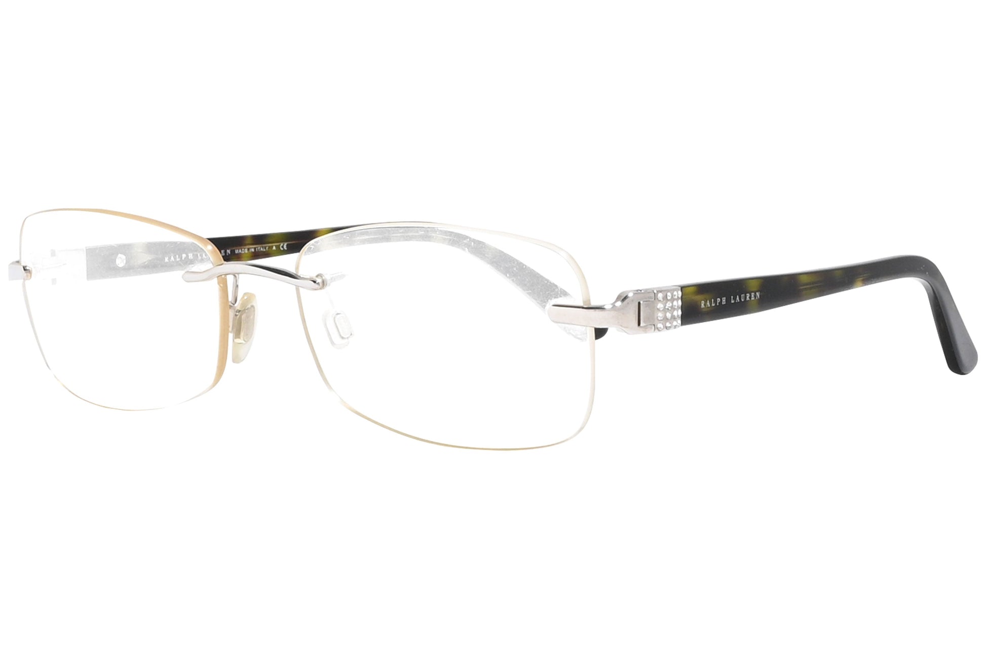 ralph lauren rimless tortoise eyeglasses frame viewed from a 45-degree angle.