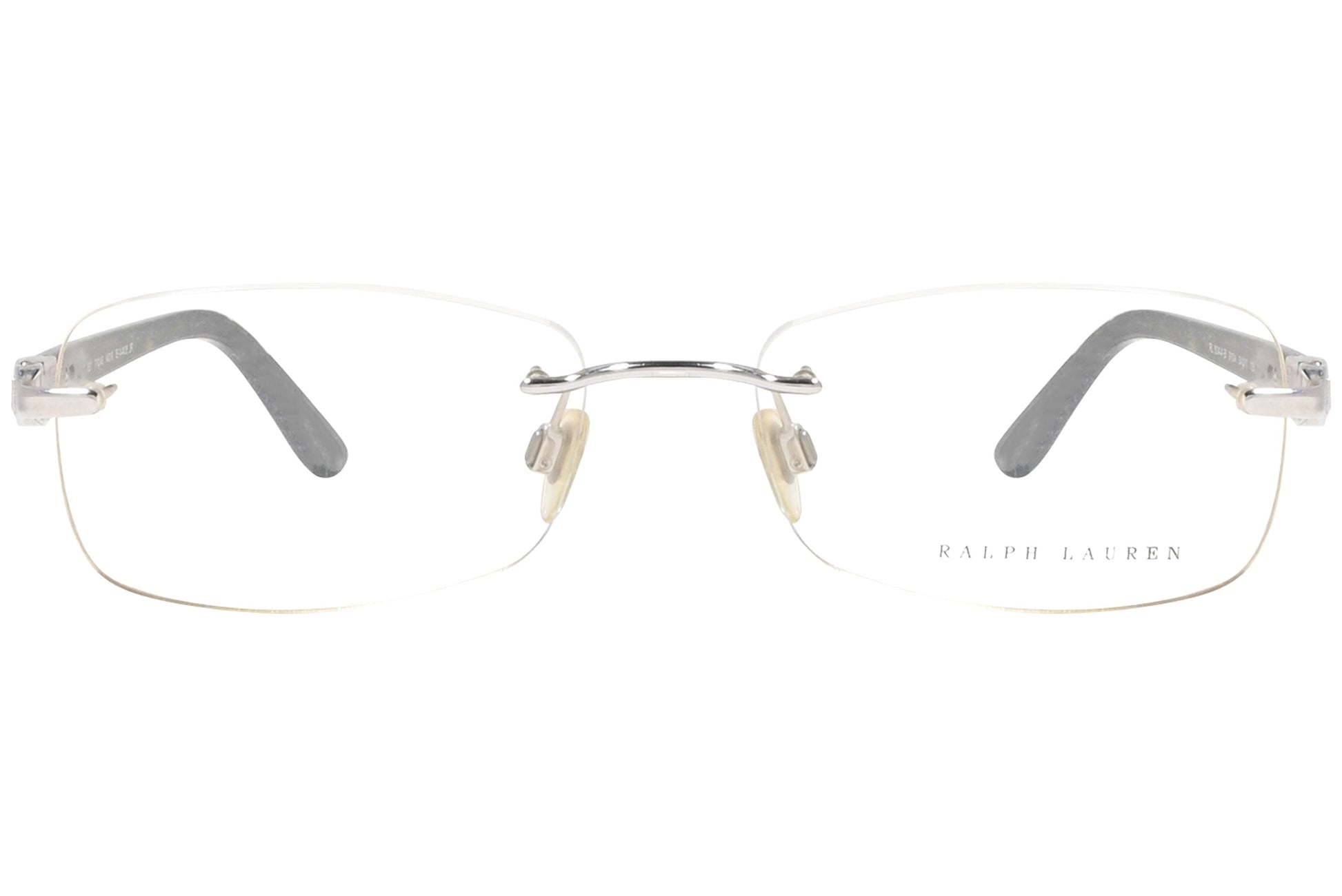 ralph lauren rimless tortoise eyeglasses frame viewed from front angle.