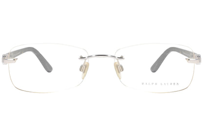 ralph lauren rimless tortoise eyeglasses frame viewed from front angle.