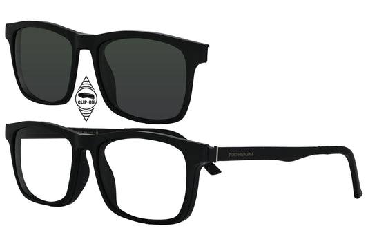 porto romana rectangle black eyeglasses frame viewed from a 45-degree angle.