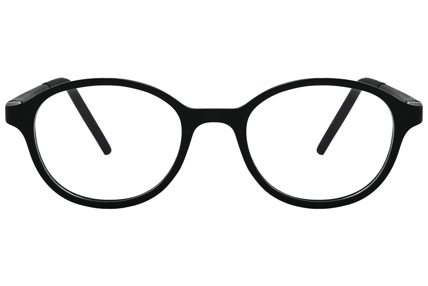 porto romana round black eyeglasses frame viewed from front angle.