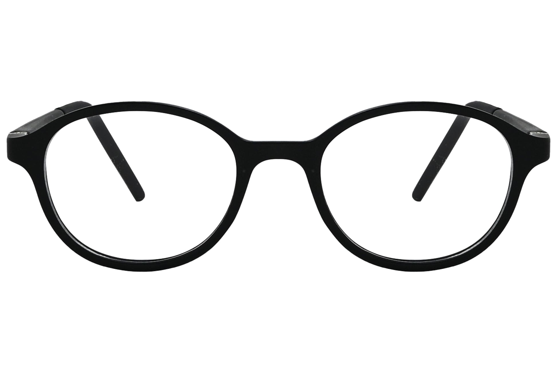 porto romana round black eyeglasses frame viewed from front angle.