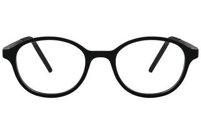 porto romana round black eyeglasses frame viewed from front angle.