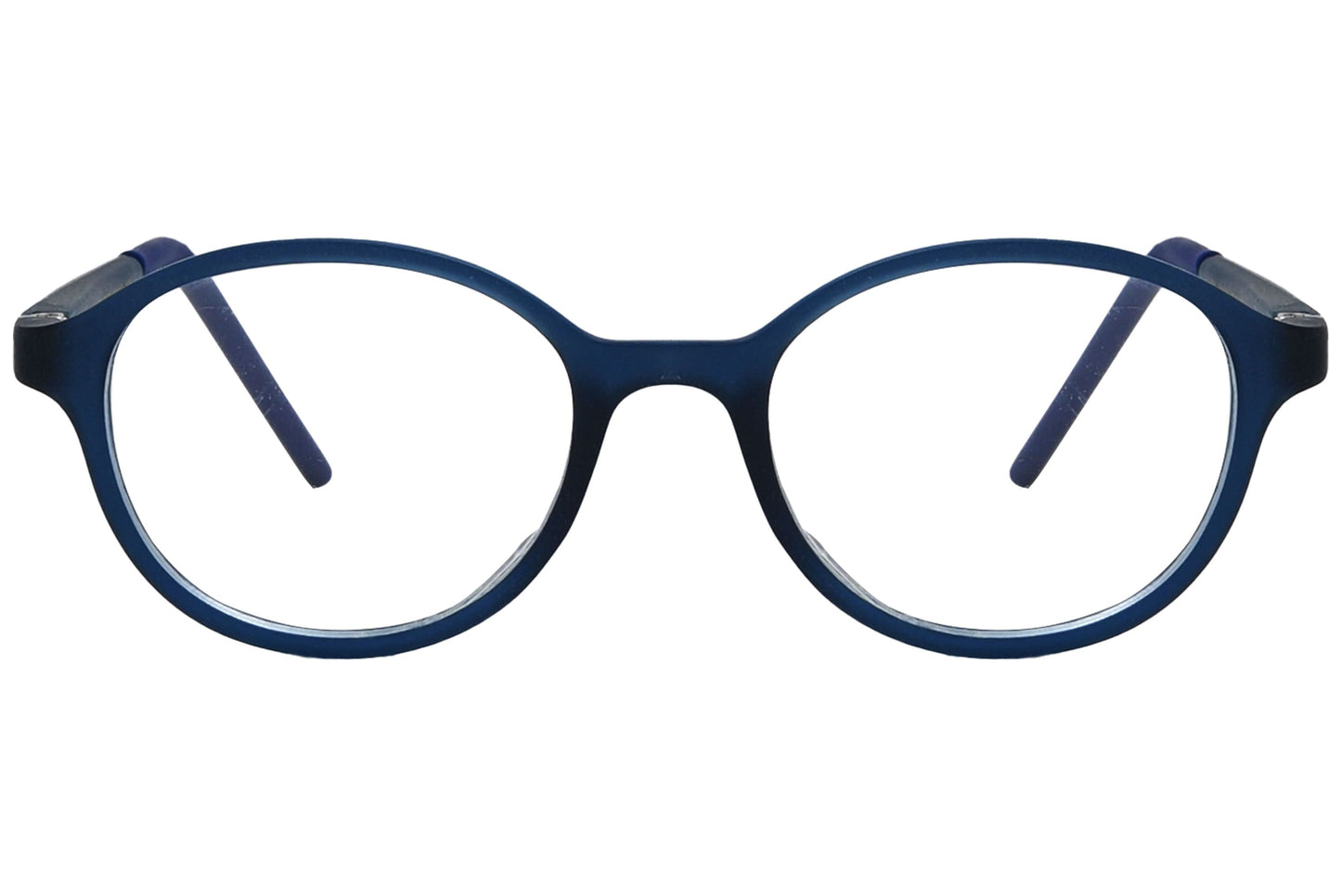 porto romana round blue eyeglasses frame viewed from front angle.